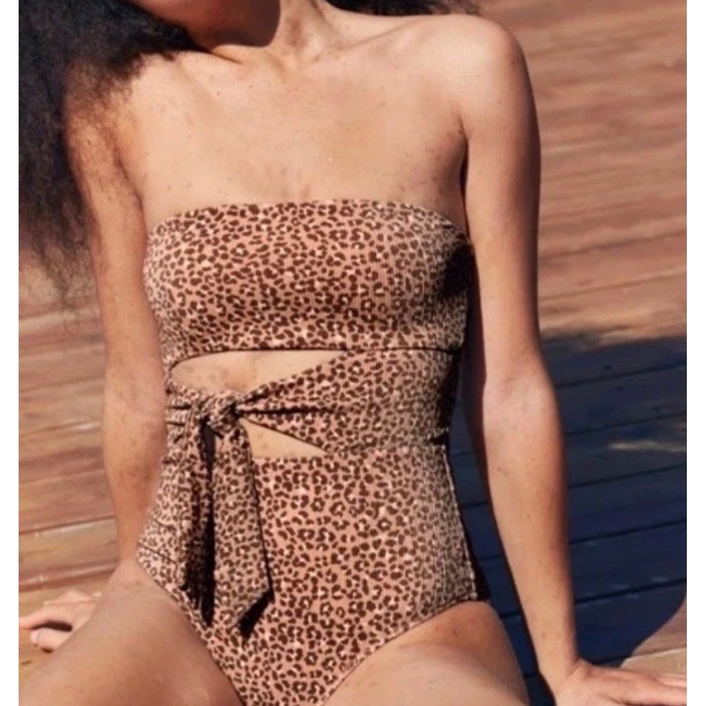 aerie Leopard Print Strapless Cutout One-Piece Swimsuit - Brown/Tan